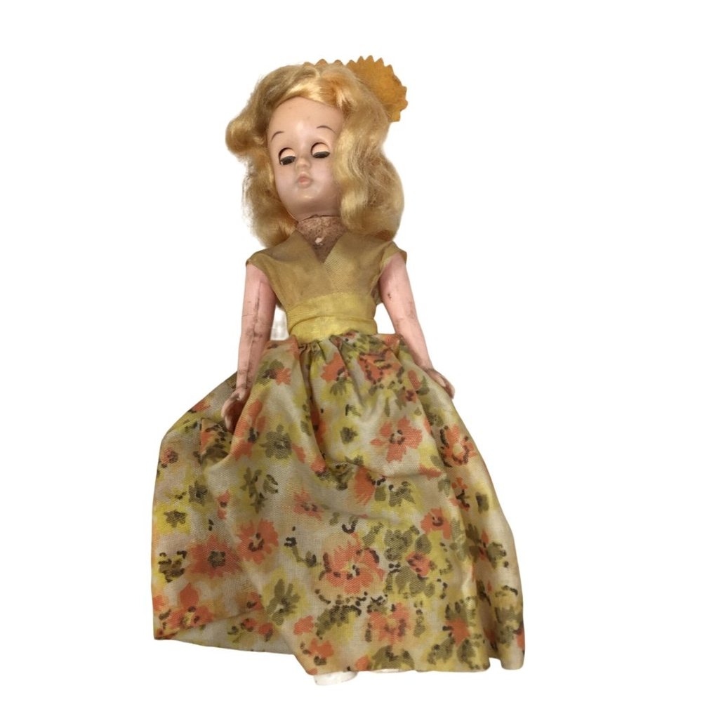 Vintage Collectible Blonde Haired Doll Wearing Dress & Hat or Bonnet - Eyes, Arm